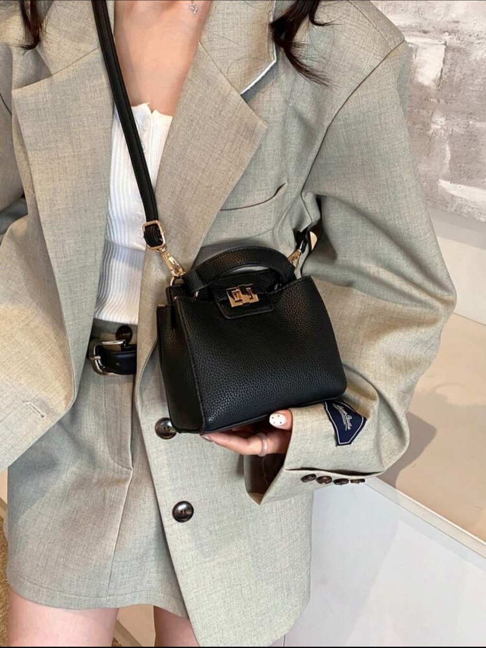 Black Pebbled Leather Top-Handle Crossbody Mini Bag - Picture 5 of 10